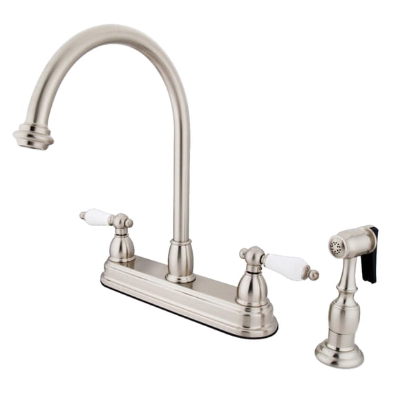Kingston KB3758PLBS Restoration Two-Handle 4-Hole 8" Centerset Kitchen Faucet with Brass Sprayer in Brushed Nickel