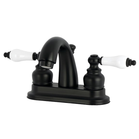 Kingston Brass KB5610PL Double-Handle 3-Hole Deck Mount 4-Inch Centerset Bathroom Faucet with Pop-Up Drain in Matte Black