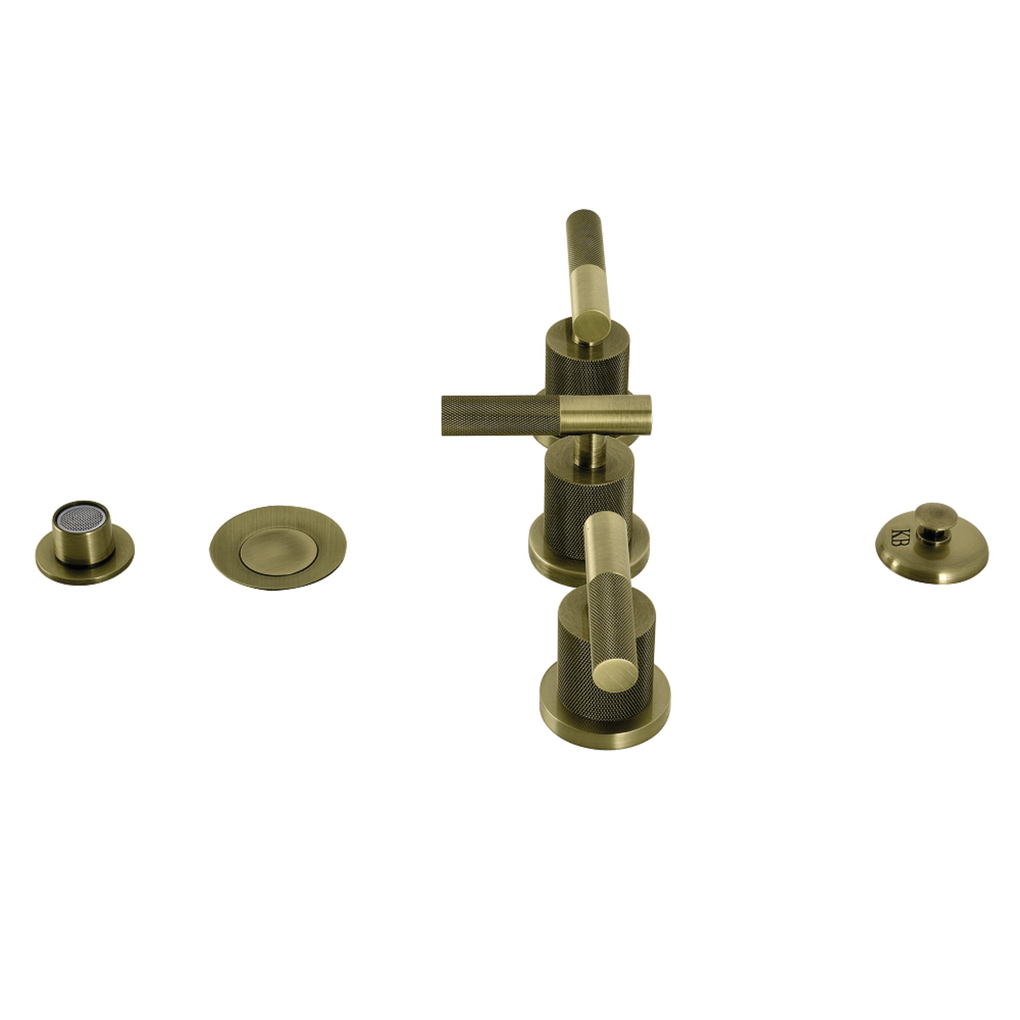 Kingston Brass KB6323KNL Convergent Three-Handle Bidet Faucet with Knurled Handle and Brass Pop-Up, Antique Brass