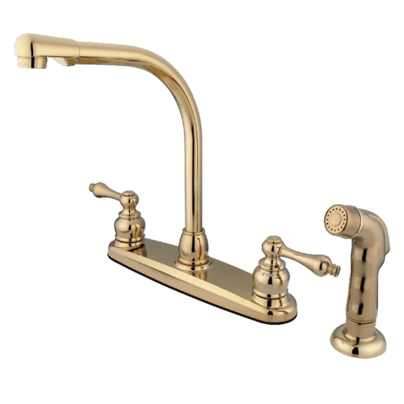 Kingston KB712ALSP Victorian Two-Handle 4-Hole 8" Centerset Kitchen Faucet with Side Sprayer in Polished Brass
