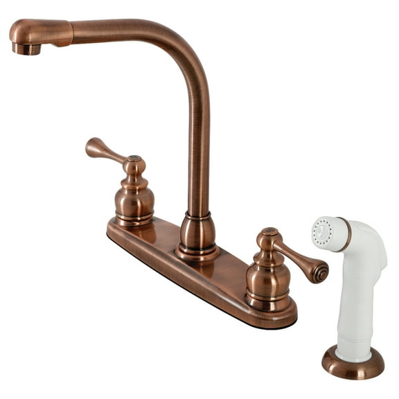 Kingston KB716BL Two-Handle 4-Hole 8" Centerset Kitchen Faucet with Side Sprayer in Antique Copper