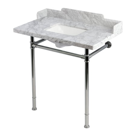 Kingston Brass KMS36227M8SQ1 Wesselman 36" Carrara Marble Console Sink with Stainless Steel Legs (8-Inch, 3-Hole), Carrara Marble White/Polished Chrome