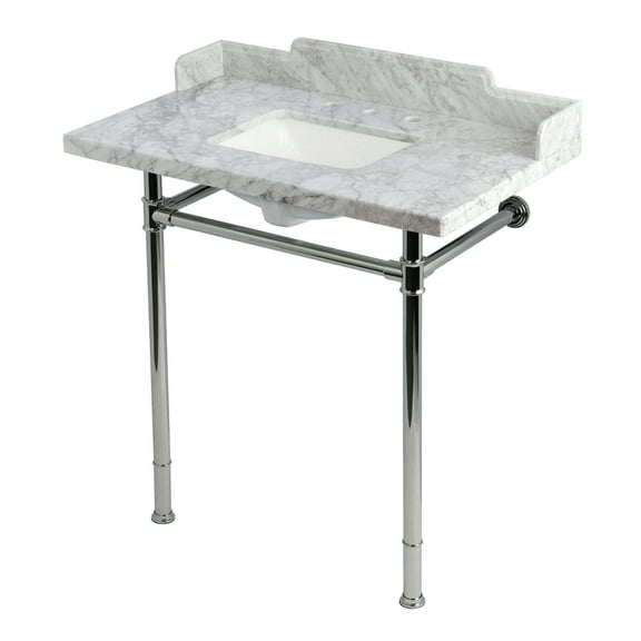 Kingston Brass KMS36227M8SQ1 Wesselman 36" Carrara Marble Console Sink with Stainless Steel Legs (8-Inch, 3-Hole), Carrara Marble White/Polished Chrome