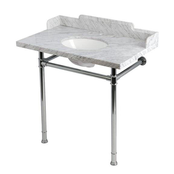 Kingston Brass KMS36228M381 Wesselman 36" Carrara Marble Console Sink with Stainless Steel Legs (8-Inch, 3-Hole), Carrara Marble White/Polished Chrome