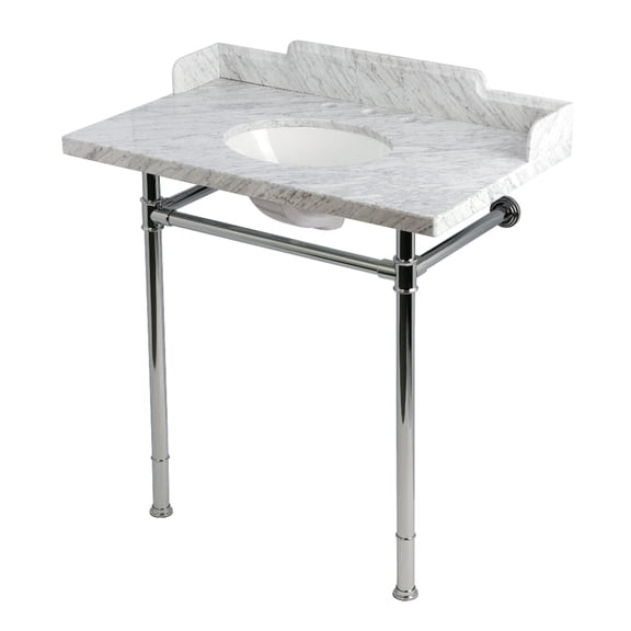 Kingston Brass KMS36228M81 Wesselman 36" Carrara Marble Console Sink with Stainless Steel Legs (8-Inch, 3-Hole), Carrara Marble White/Polished Chrome