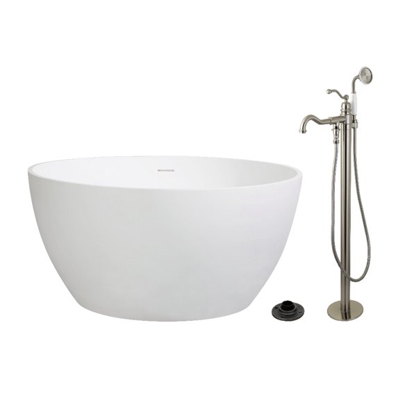 Kingston Brass KRTRO4545138AL 45" Solid Surface Round Double Ended Freestanding Tub with Faucet Combo and Drain, Brushed Nickel