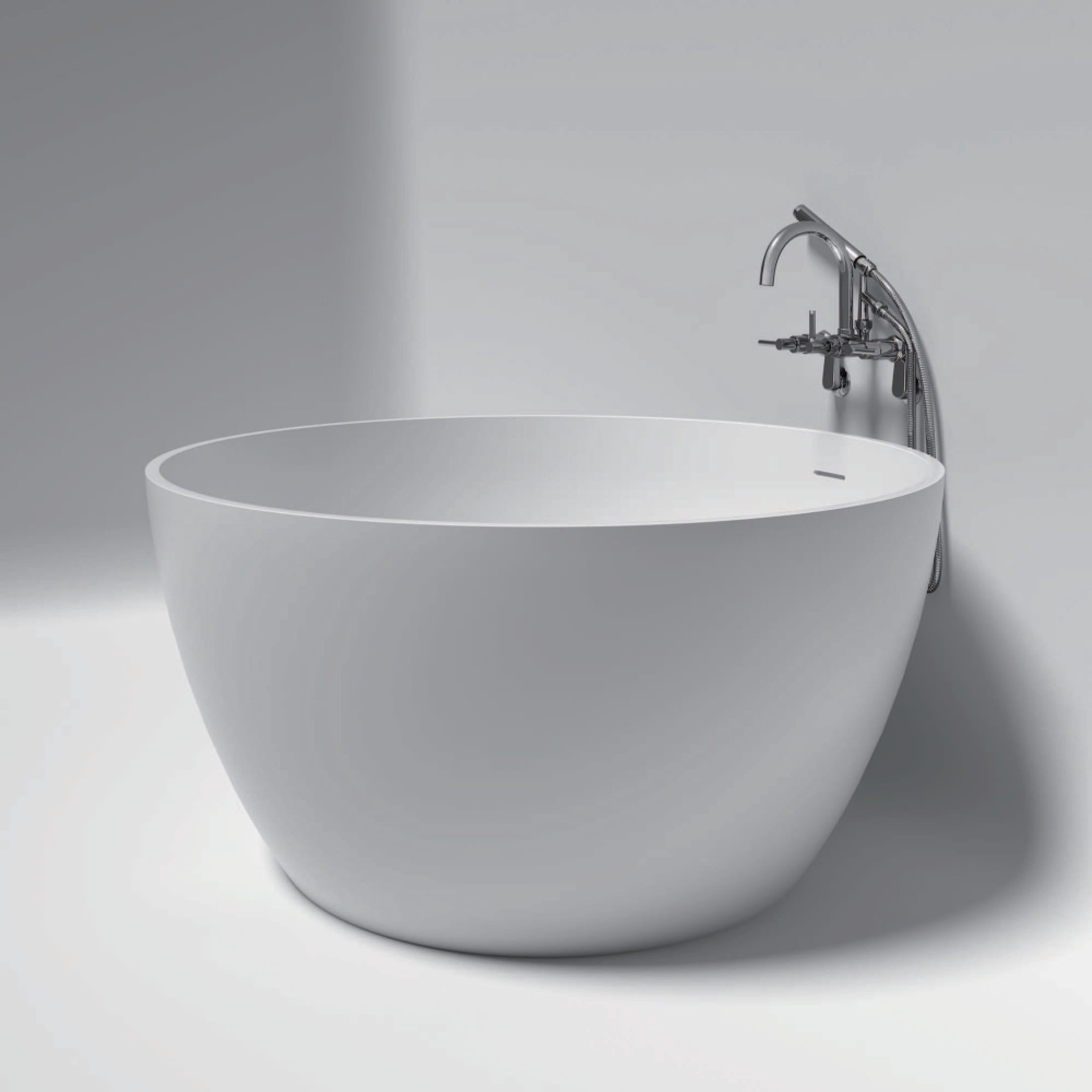 Kingston Brass KRTRO4545151DL 45-Inch Solid Surface Round Double Ended Freestanding Tub with Faucet Combo and Drain in Polished Chrome