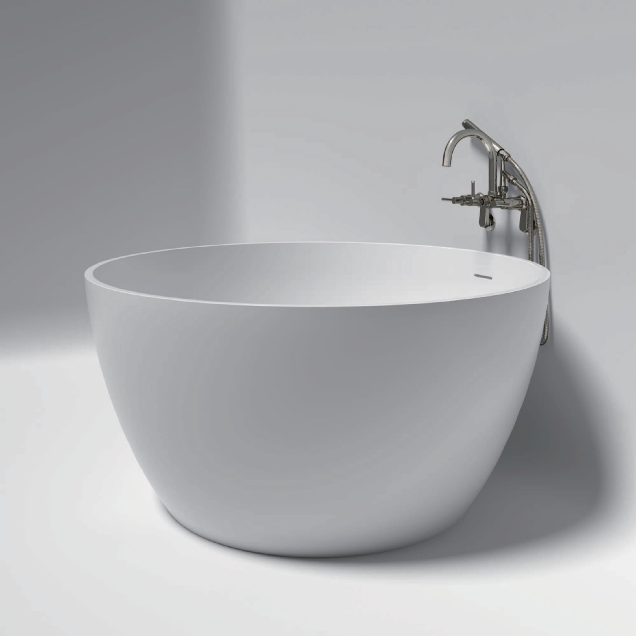 Kingston Brass KRTRO4545156DL 45-Inch Solid Surface Round Double Ended Freestanding Tub with Faucet Combo and Drain in Polished Nickel