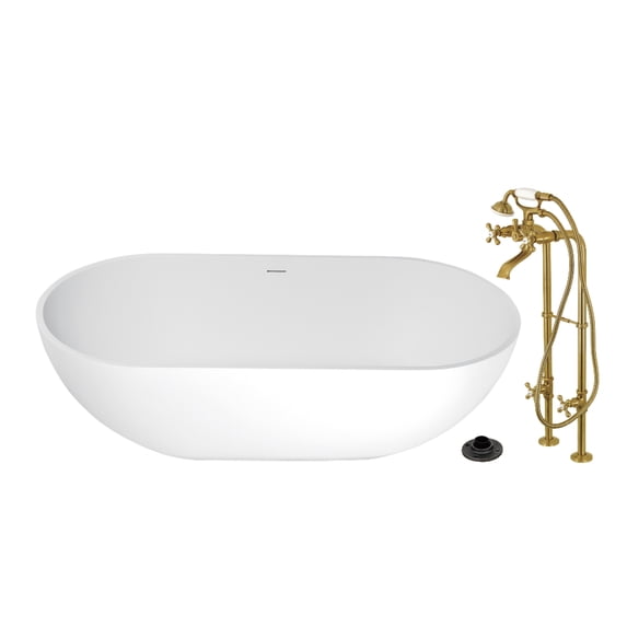 Kingston Brass KRTRS7035266K7 70-Inch Solid Surface Oval Double Ended Freestanding Tub with Faucet Combo and Drain in Brushed Brass