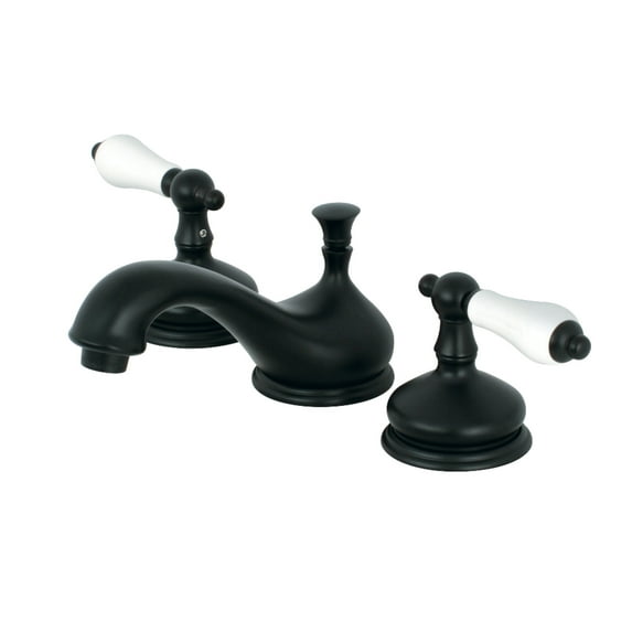 Kingston Brass KS1160PL Heritage Two-Handle 3-Hole Deck Mount Widespread Bathroom Faucet with Brass Pop-Up in Matte Black