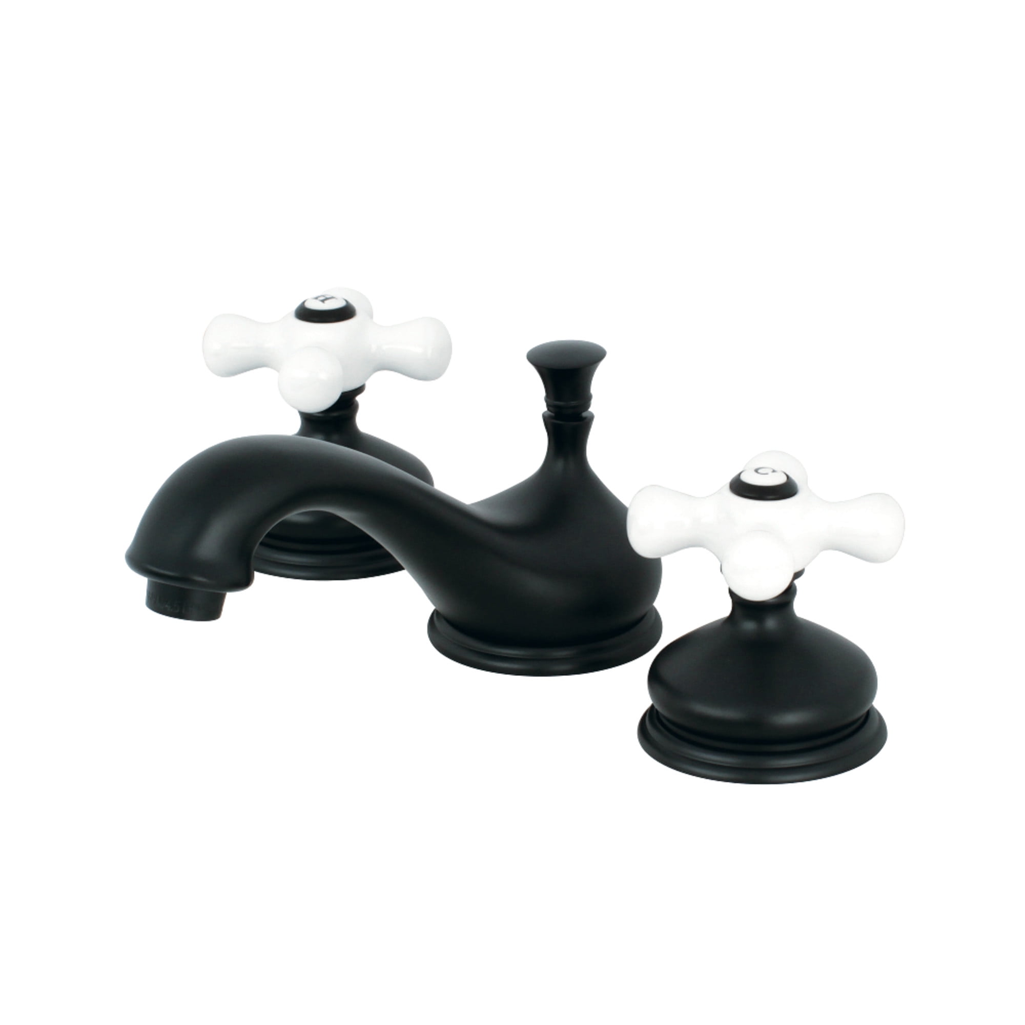 Kingston Brass KS1160PX Heritage Two-Handle 3-Hole Deck Mount Widespread Bathroom Faucet with Brass Pop-Up in Matte Black
