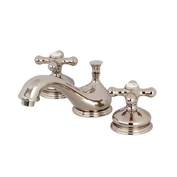 Kingston Brass KS1166AX Heritage Two-Handle 3-Hole Deck Mount Widespread Bathroom Faucet with Brass Pop-Up in Polished Nickel