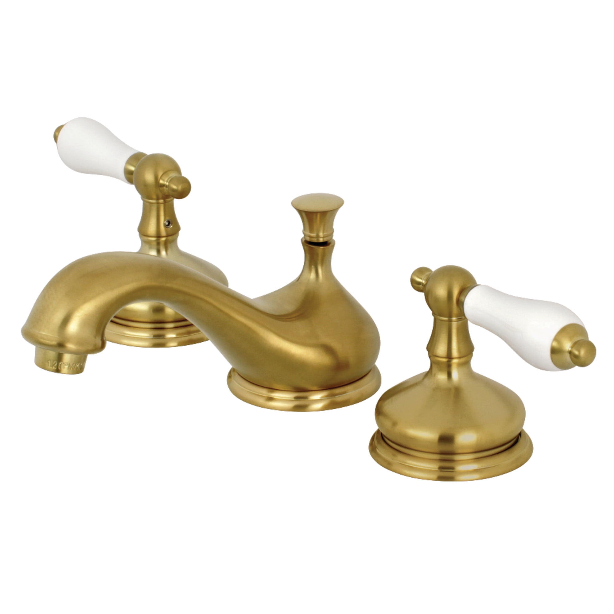 Kingston Brass KS1167PL Heritage Two-Handle 3-Hole Deck Mount Widespread Bathroom Faucet with Brass Pop-Up in Brushed Brass