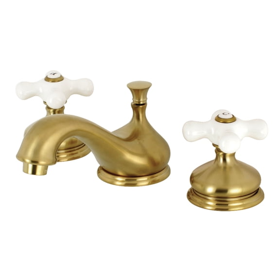 Kingston Brass KS1167PX Heritage Two-Handle 3-Hole Deck Mount Widespread Bathroom Faucet with Brass Pop-Up in Brushed Brass