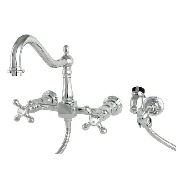 Kingston Brass KS1241AXBS Heritage Wall Mount Bridge Kitchen Faucet with Brass Spray, Polished Chrome