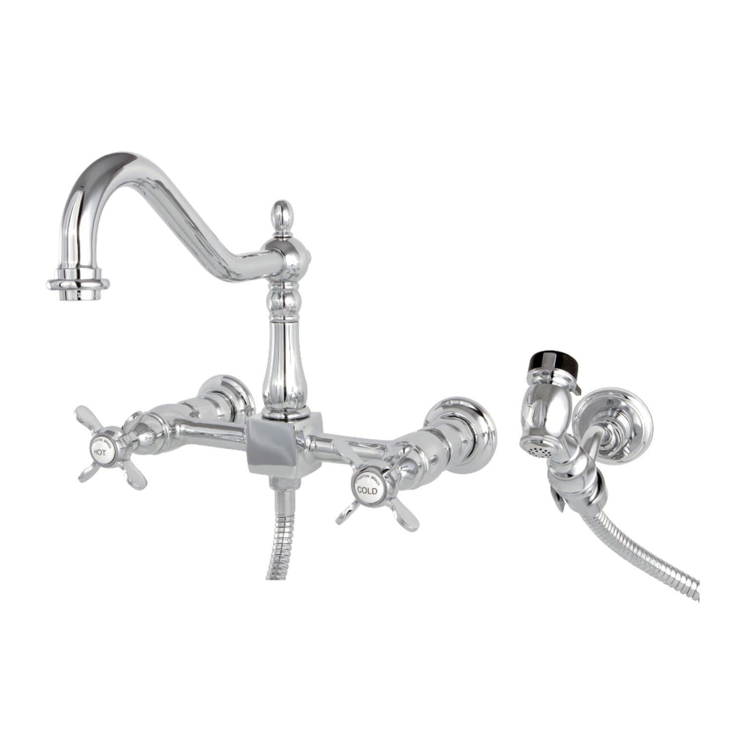 Kingston Brass KS1241BEXBS Essex Wall Mount Bridge Kitchen Faucet with Brass Spray, Polished Chrome