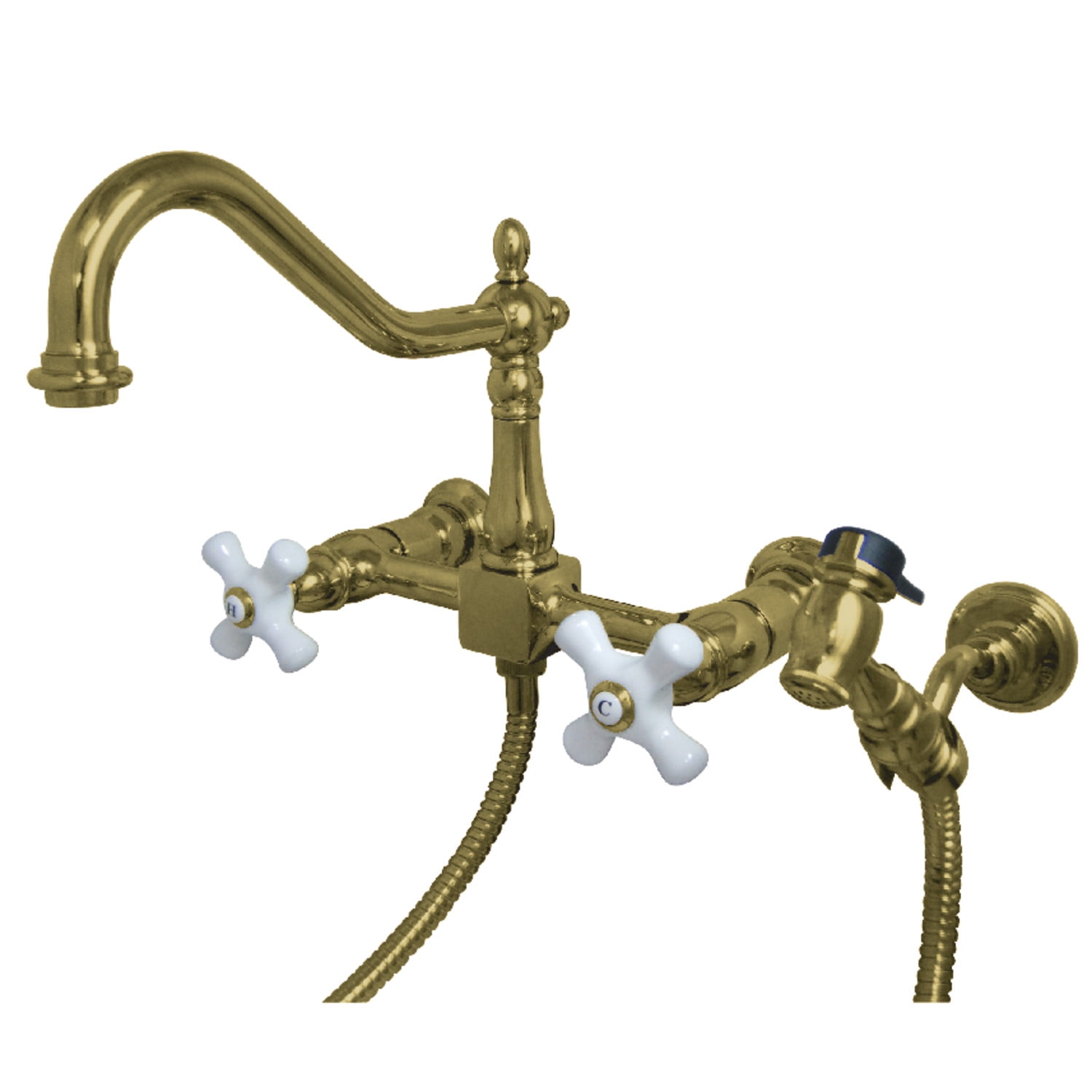 Kingston Brass KS1242PXBS Heritage Wall Mount Bridge Kitchen Faucet with Brass Spray, Polished Brass