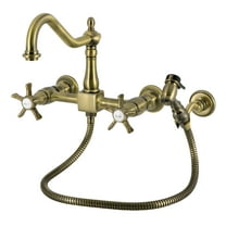Kingston Brass KS1243NXBS Hamilton Double-Handle Wall-Mount Bridge Kitchen Faucet with Brass Sprayer, Antique Brass
