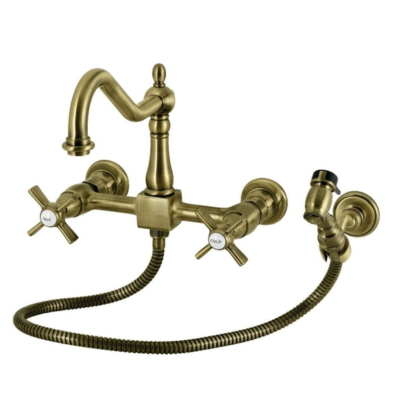 Kingston Brass KS1243ZXBS Millennium Double-Handle Wall-Mount Bridge Kitchen Faucet with Brass Sprayer, Antique Brass