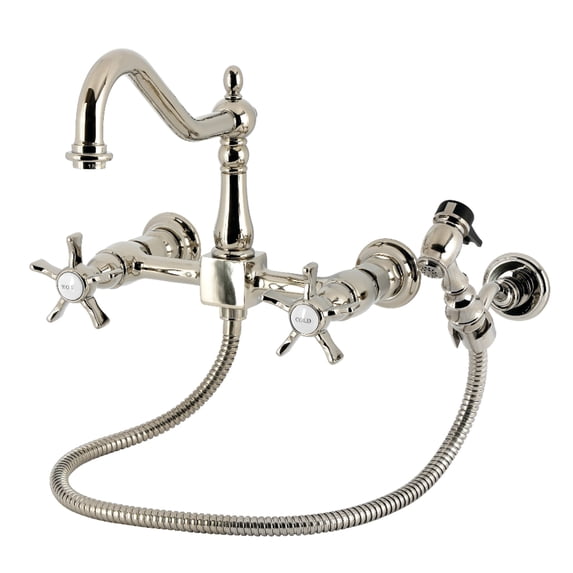 Kingston Brass KS1246NXBS Hamilton Double-Handle Wall-Mount Bridge Kitchen Faucet with Brass Sprayer, Polished Nickel