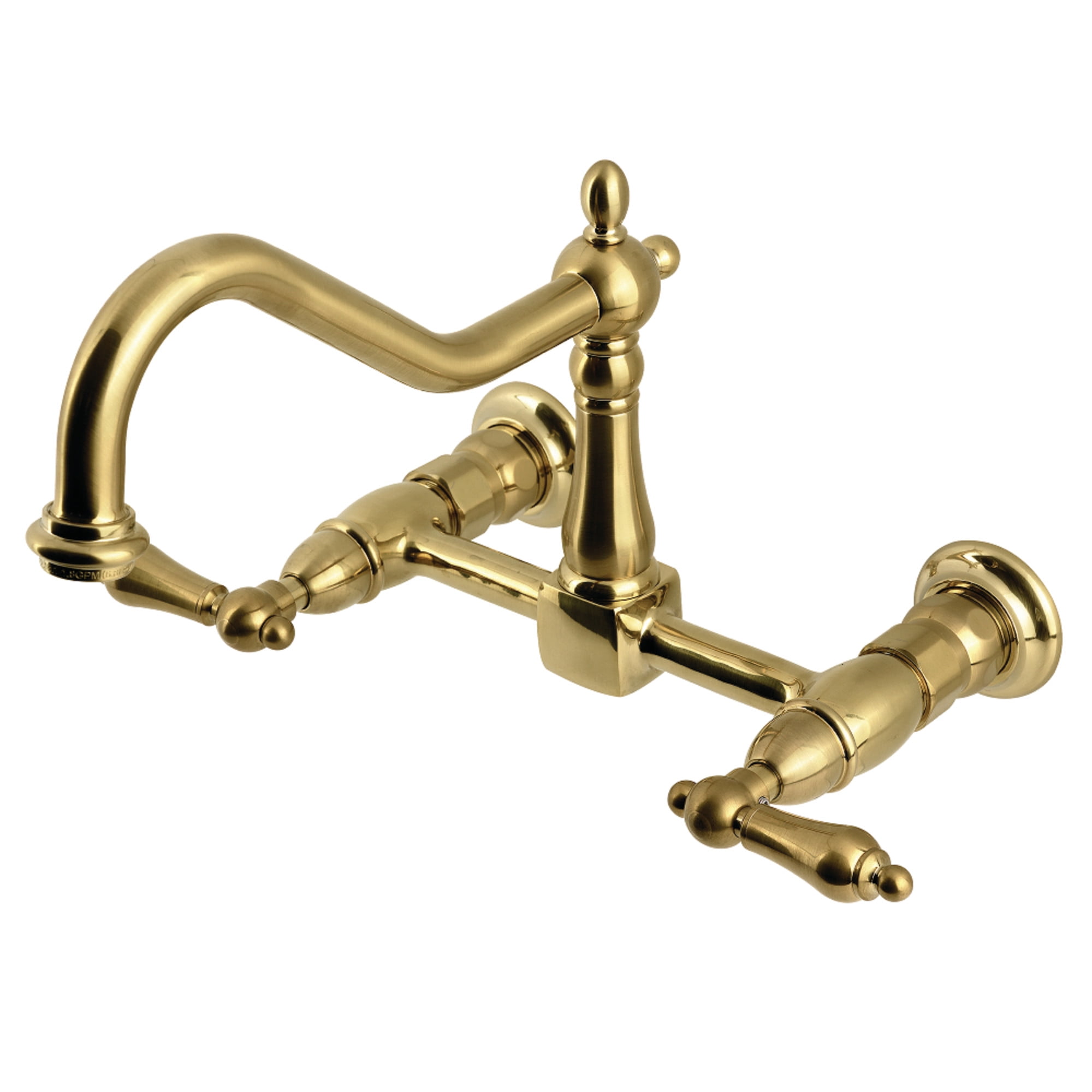 Kingston Brass KS1247AL Heritage Double-Handle Wall-Mount Bridge Kitchen Faucet, Brushed Brass