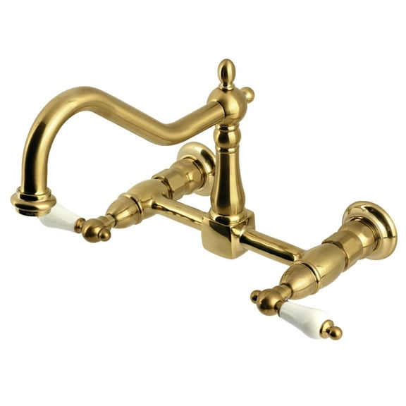 Kingston Brass KS1247PL Heritage Double-Handle Wall-Mount Bridge Kitchen Faucet, Brushed Brass