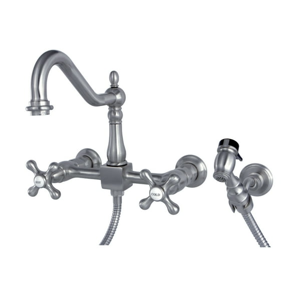 Kingston Brass KS1248AXBS Heritage Wall Mount Bridge Kitchen Faucet with Brass Spray, Brushed Nickel