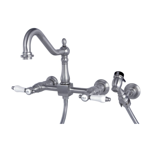 Kingston Brass KS1248BPLBS Bel-Air Wall Mount Bridge Kitchen Faucet with Brass Spray, Brushed Nickel