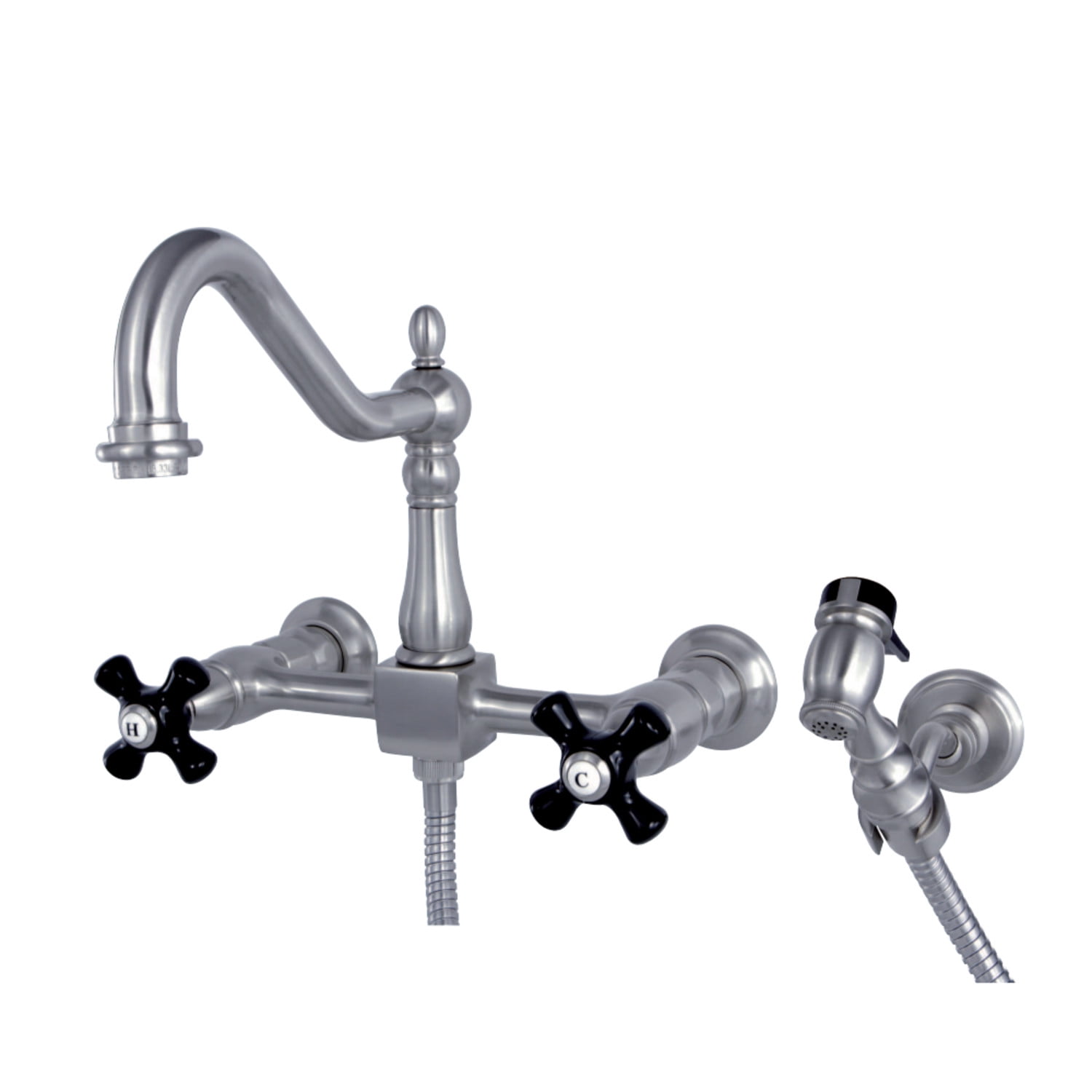 Kingston Brass KS1248PKXBS Duchess Wall Mount Bridge Kitchen Faucet with Brass Spray, Brushed Nickel
