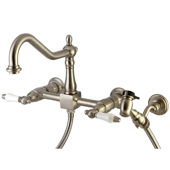 Kingston Brass KS1248PLBS Heritage Wall Mount Bridge Kitchen Faucet with Brass Spray, Brushed Nickel