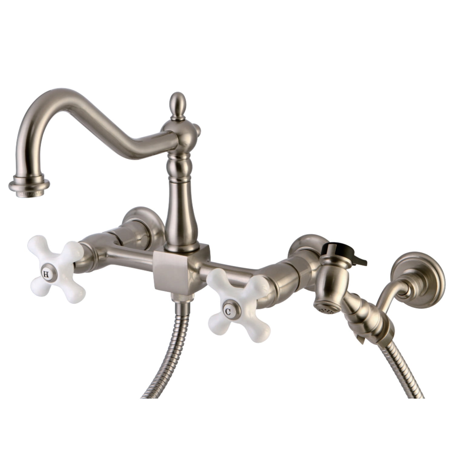 Kingston Brass KS1248PXBS Heritage Wall Mount Bridge Kitchen Faucet with Brass Spray, Brushed Nickel