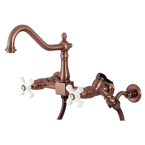 Kingston Brass KS124PXBSAC Heritage Double-Handle Wall-Mount Bridge Kitchen Faucet with Brass Sprayer, Antique Copper