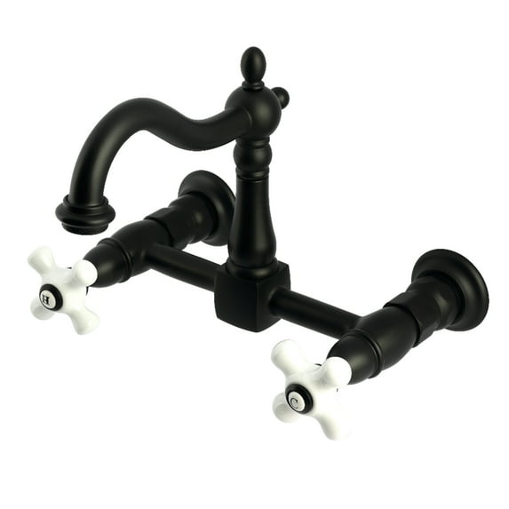 Kingston Brass KS1260PX Heritage Double-Handle Wall-Mount Bridge Kitchen Faucet, Matte Black