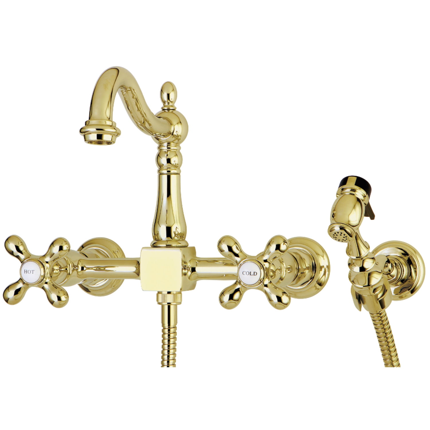 Kingston Brass KS1262AXBS Heritage Wall Mount Bridge Kitchen Faucet with Brass Sprayer, Polished Brass