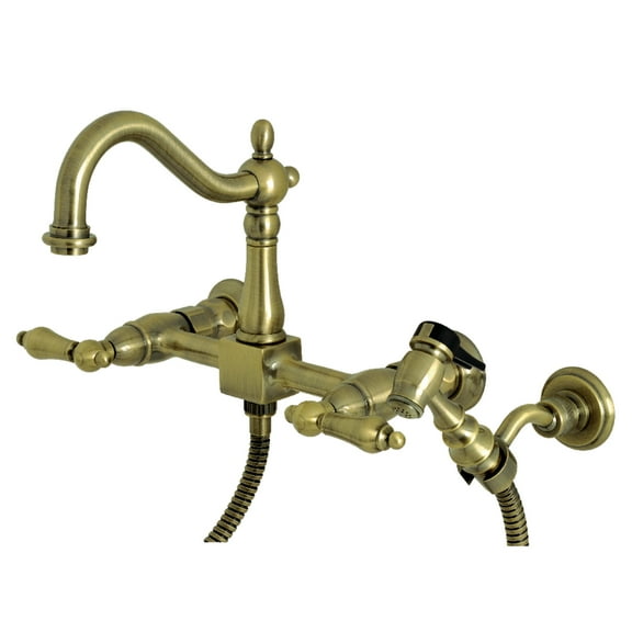 Kingston Brass KS1263ALBS Heritage Double-Handle Wall-Mount Bridge Kitchen Faucet with Brass Sprayer, Antique Brass