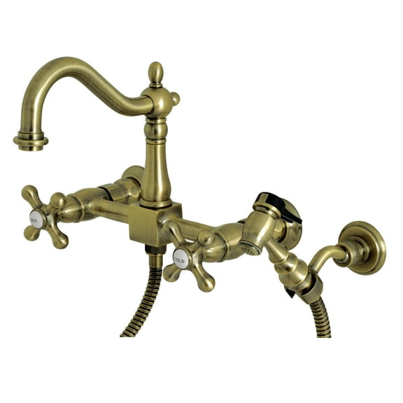 Kingston Brass KS1263AXBS Heritage Double-Handle Wall-Mount Bridge Kitchen Faucet with Brass Sprayer, Antique Brass