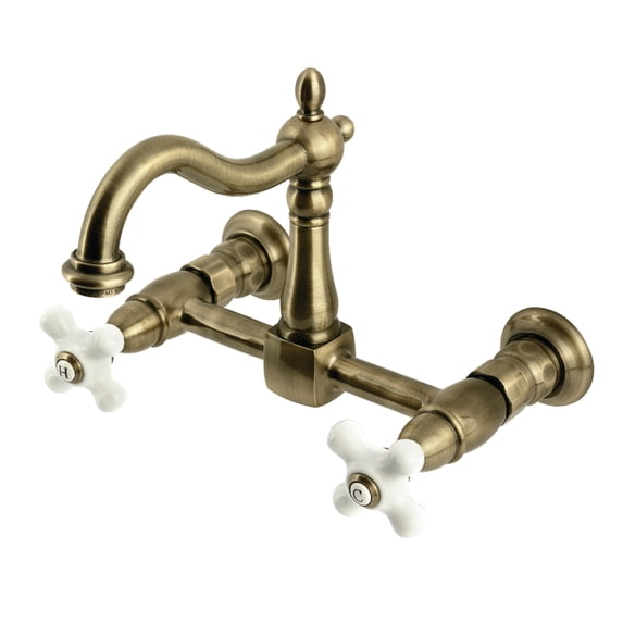 Kingston Brass KS1263PX Heritage Double-Handle Wall-Mount Bridge Kitchen Faucet, Antique Brass