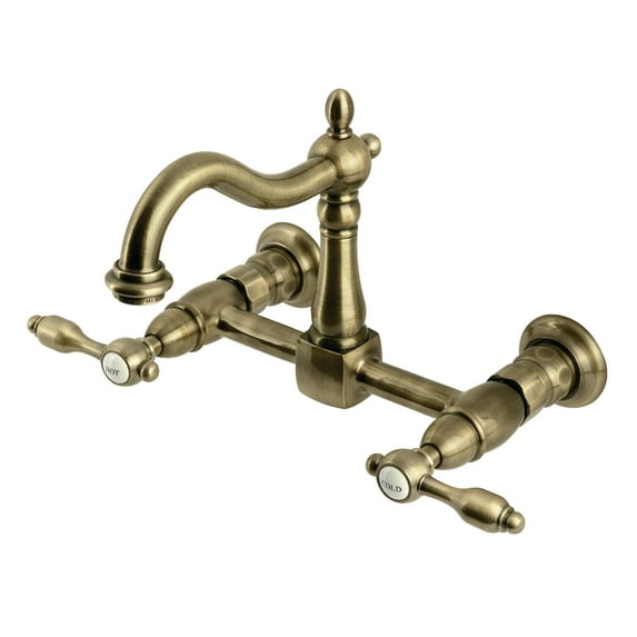 Kingston Brass KS1263TAL Tudor Double-Handle Wall-Mount Bridge Kitchen Faucet, Antique Brass
