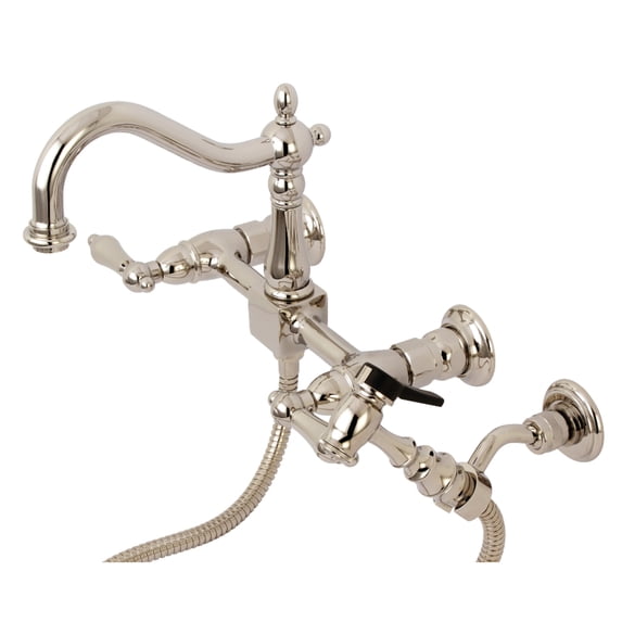 Kingston KS1266ALBS Heritage Two-Handle Wall Mount Bridge Kitchen Faucet with Brass Sprayer, Polished Nickel