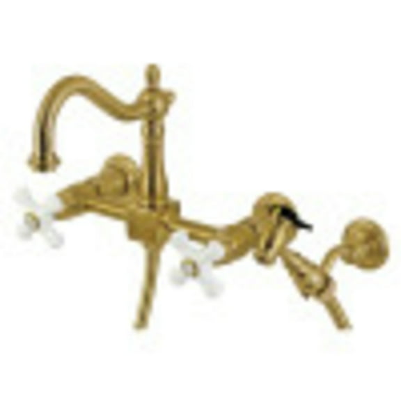 Kingston Brass KS1267PXBS Heritage Wall Mount Bridge Kitchen Faucet with Brass Sprayer, Brushed Brass