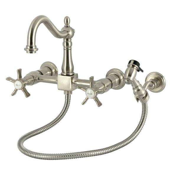 Kingston Brass KS1268NXBS Hamilton Double-Handle Wall-Mount Bridge Kitchen Faucet with Brass Sprayer, Brushed Nickel