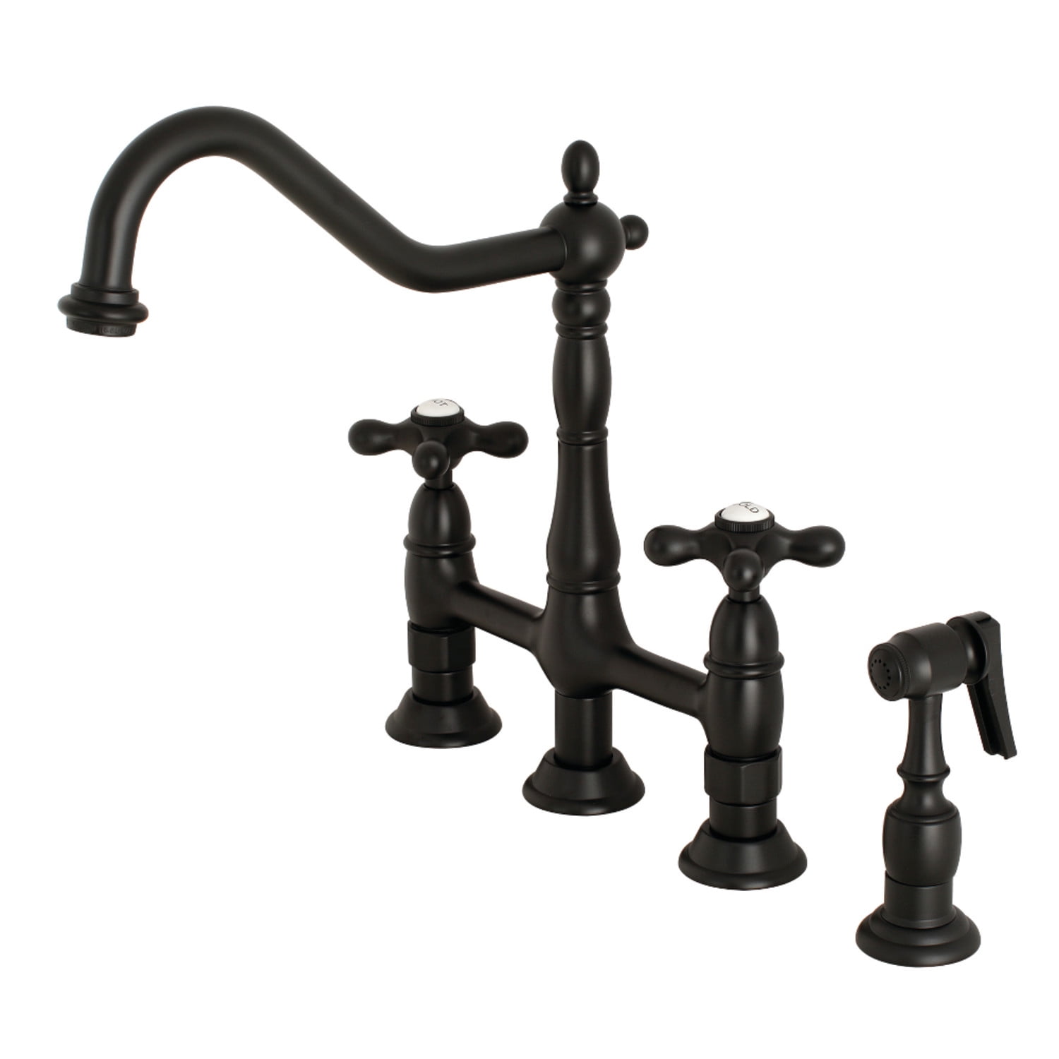Matte Black Brass Heritage Bridge Kitchen Faucet with Side Sprayer
