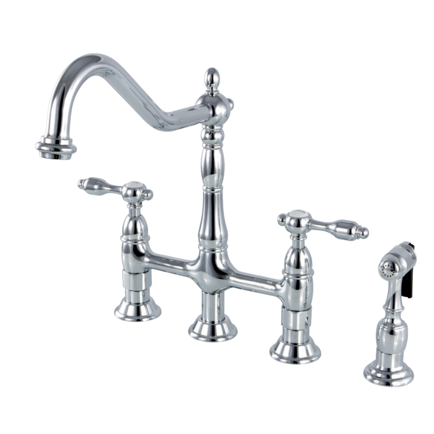 Kingston Brass KS1271TALBS Tudor Bridge Kitchen Faucet with Brass Sprayer, Polished Chrome