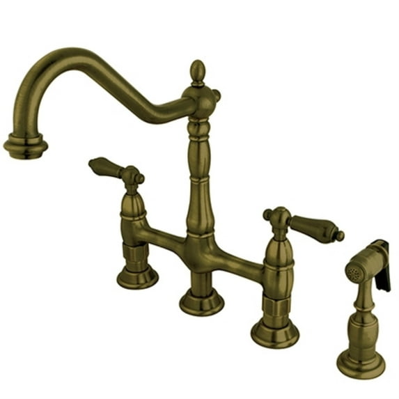 Kingston Brass KS1273ALBS Heritage Bridge Kitchen Faucet with Brass Sprayer, Antique Brass