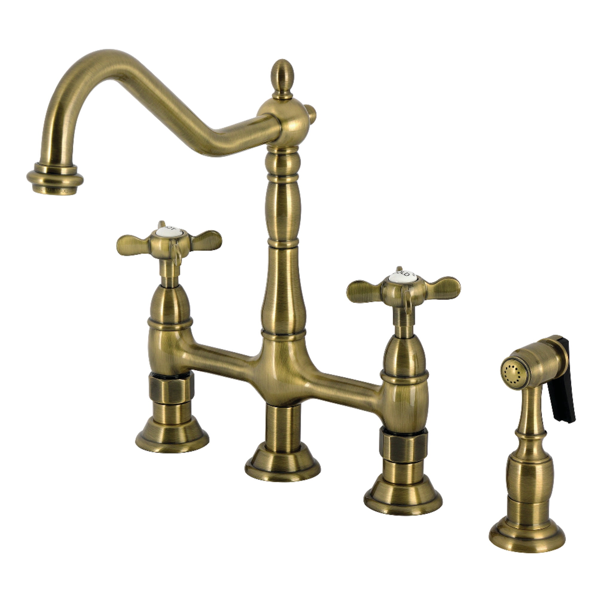 Kingston Brass KS1273BEXBS Essex Bridge Kitchen Faucet with Brass Side Sprayer, Antique Brass