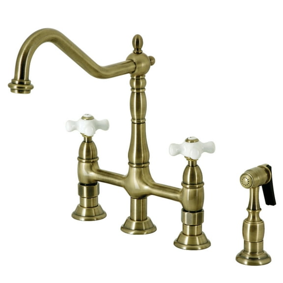 Kingston Brass KS1273PXBS Heritage Bridge Kitchen Faucet with Brass Sprayer, Antique Brass