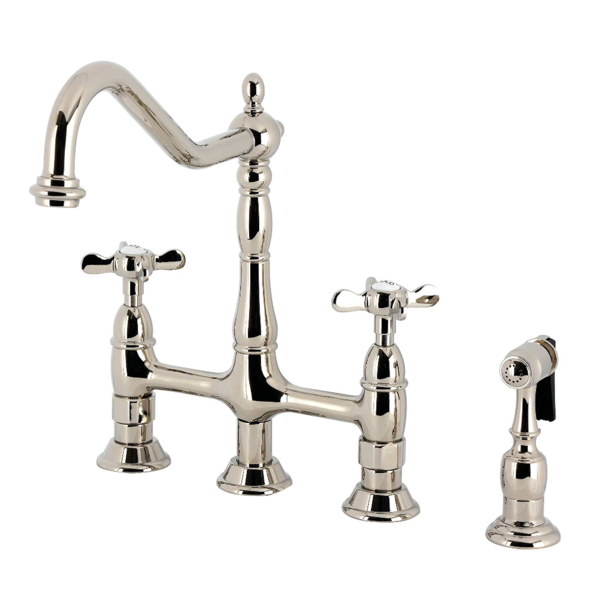 Kingston Brass KS1276BEXBS Essex Bridge Kitchen Faucet with Brass Side Sprayer, Polished Nickel