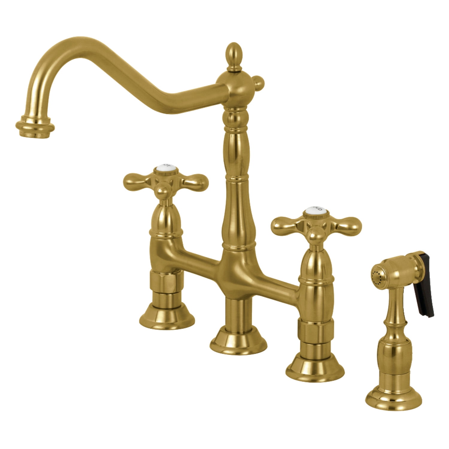 Heritage Brushed Brass Bridge Kitchen Faucet with Side Sprayer