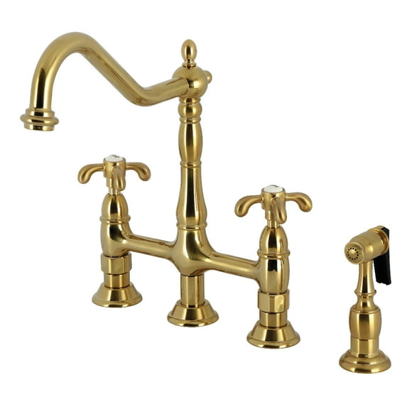 Kingston Brass KS1277TXBS French Country Bridge Kitchen Faucet with Brass Side Sprayer, Brushed Brass