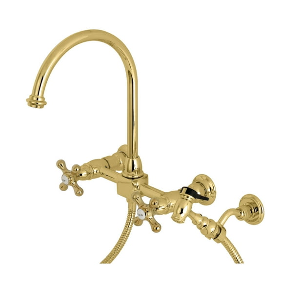 Kingston Brass KS1292AXBS Restoration Wall Mount Bridge Kitchen Faucet with Brass Sprayer, Polished Brass